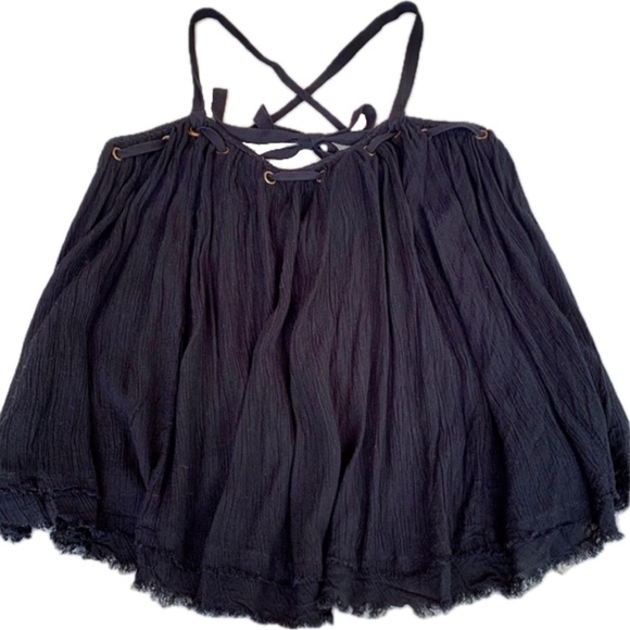 SALE❤️ Free People Babydoll Strappy Tie Back Flowy Boxy Sleeveless Black Top - Picture 9 of 9